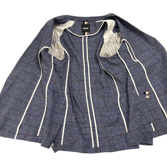 Hugo Boss Slim-Fit Micro-Patterned Jacket Blue Checkered Linen Cotton Blend Sz L - Picture 5 of 16